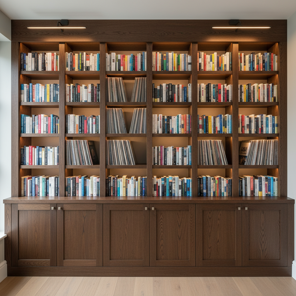 A detailed view of a custom wooden bookcase occupying an entire wall in a home library, made from dark stained oak with a subdued satin sheen. Alternating open shelves and closed cabinets create a rhythmic pattern, with some niches sized precisely for larger albums and others for standard books. The back panel is a soft, warm gray, subtly contrasting with the dark wood. Indirect LED strips hidden along the vertical dividers emit a warm, even glow that washes the shelves, emphasizing structure and depth. Photographed straight-on with a slightly wide lens and sharp focus, the composition fills the frame, conveying abundance, order, and solidity in clean photographic realism, highlighting the flexibility of made-to-measure wooden storage.