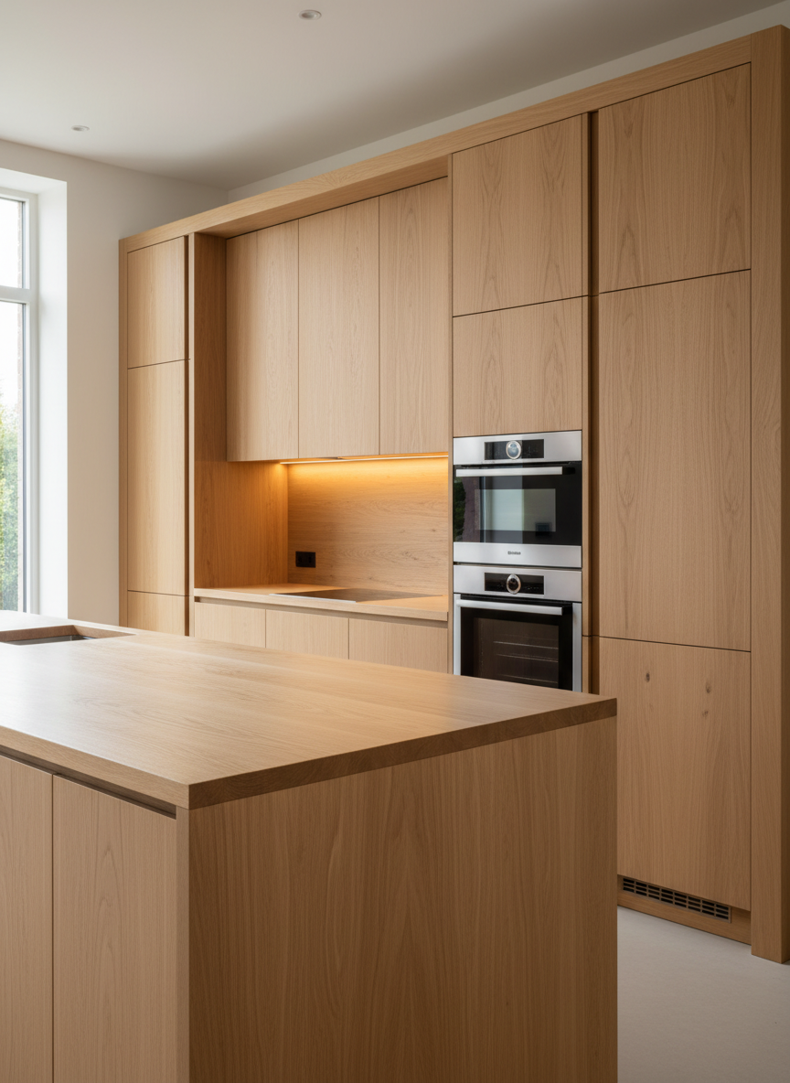 A refined, custom-made wooden kitchen set with full-height cabinets in natural ash, integrated handles, and a solid oak island with a thick, chamfered worktop. The cabinetry is perfectly aligned along a white matte wall, with built-in appliances seamlessly framed by the wood. Under-cabinet LED strips emit a warm, even glow, enhancing the texture of the grain and the precision of the joinery. Soft daylight from the side balances the warm artificial light, creating a sophisticated yet functional atmosphere. Shot from a slightly elevated angle with sharp focus throughout, the composition showcases clean lines, generous storage, and a modern, professional aesthetic in photographic realism.