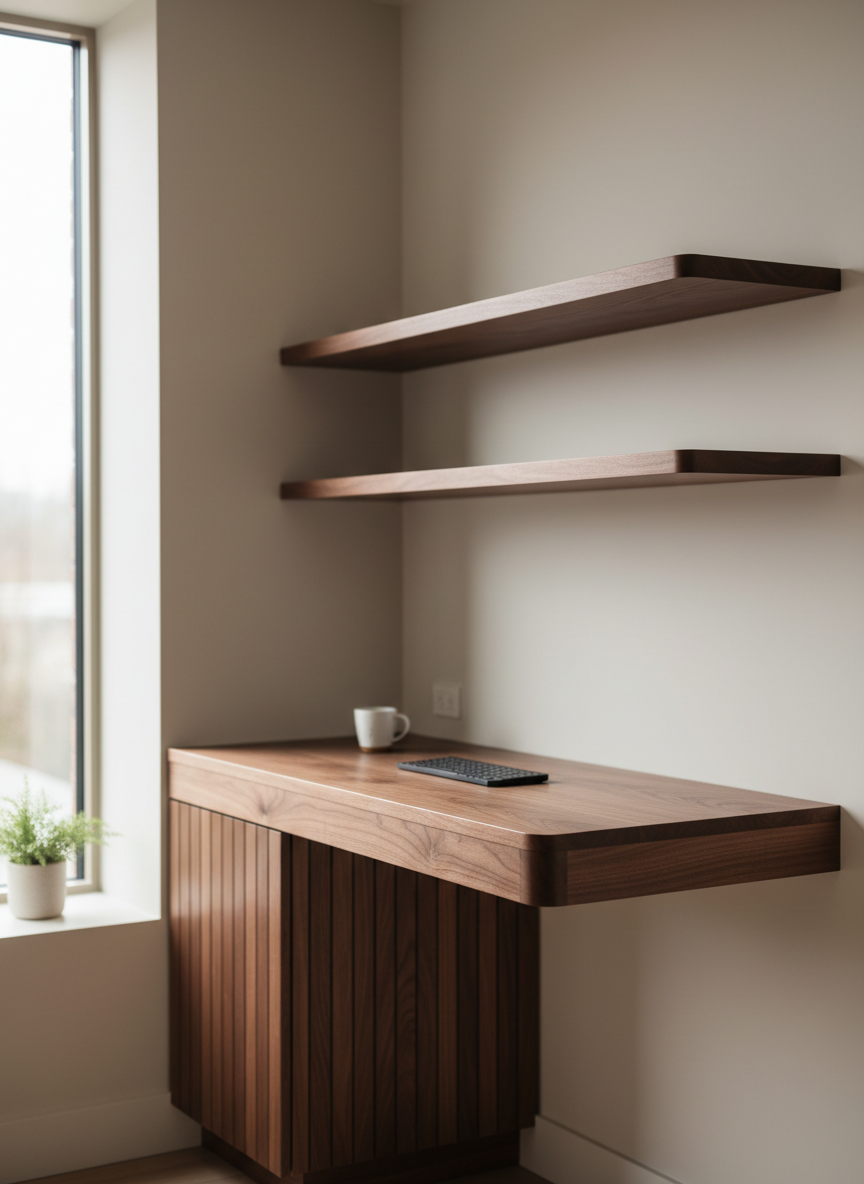 A minimalist home office corner featuring a custom, wall-mounted wooden desk made of rich walnut with a satin finish, its edges subtly rounded for a refined look. Matching floating shelves extend above, perfectly aligned and anchored into a smooth, light beige wall. A closed wooden cabinet with vertical slats adds texture and hidden storage beneath the desk line. Diffused daylight from a nearby window washes the surfaces, creating soft highlights on the walnut grain and muted shadows under the shelves. Captured at eye level with a rule-of-thirds composition and shallow depth of field, the background gently blurs, emphasizing the practicality and elegance of the bespoke woodwork in a clean, photographic style.