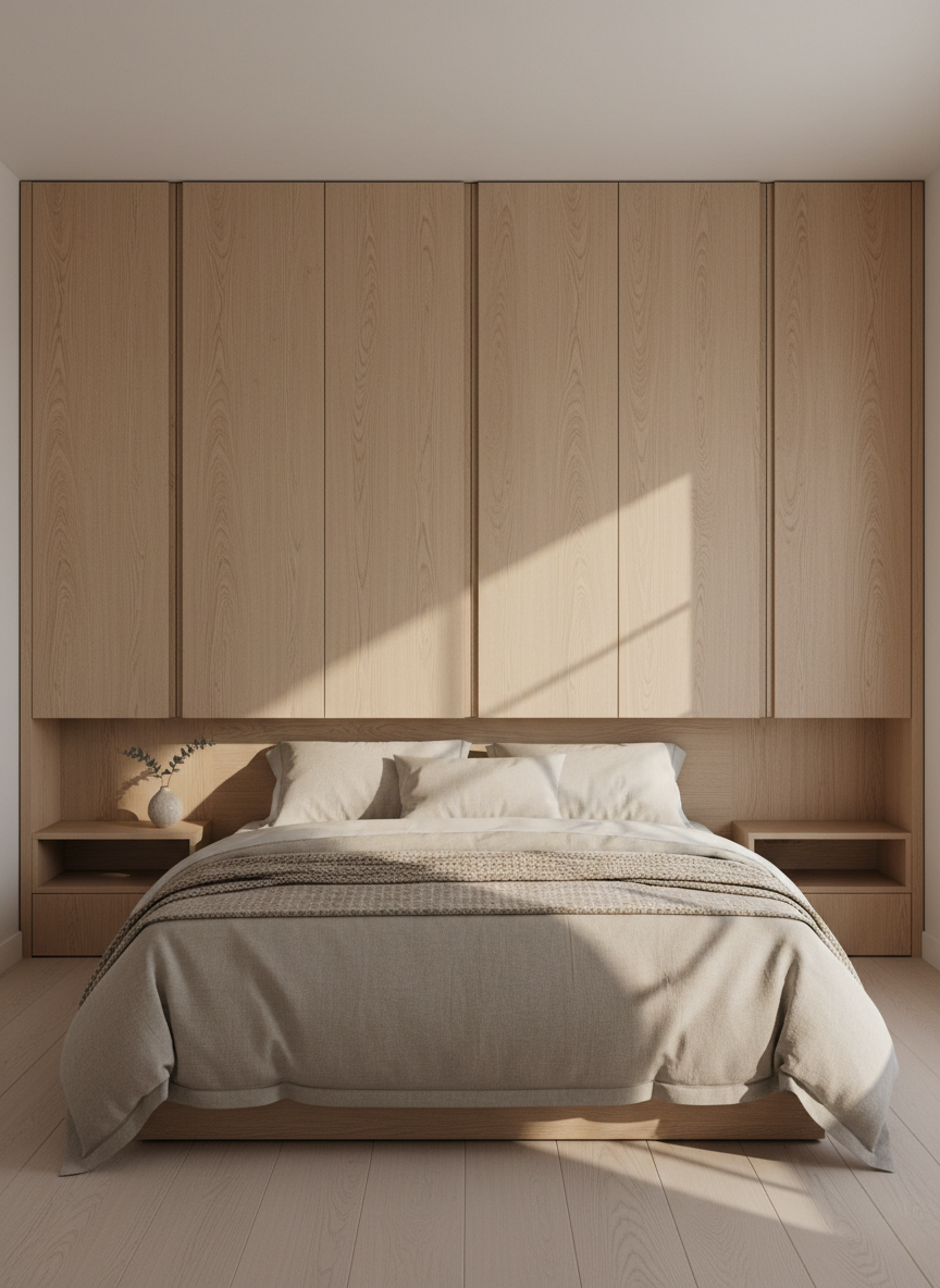 A cozy bedroom interior showcasing a custom wooden wardrobe with floor-to-ceiling doors crafted from light, brushed oak, featuring discrete vertical grooves instead of handles for a seamless facade. Adjacent is a built-in wooden headboard that extends into integrated bedside shelves, unifying the design. The room has a neutral palette with a matte off-white wall and pale wooden flooring. Early morning natural light filters in from the side, creating delicate, elongated shadows that highlight the vertical rhythm of the wardrobe doors. Photographed straight-on with symmetrical framing and sharp focus, the image conveys a calm, orderly, and elegant atmosphere, emphasizing functional, made-to-measure wooden furniture in photographic realism.