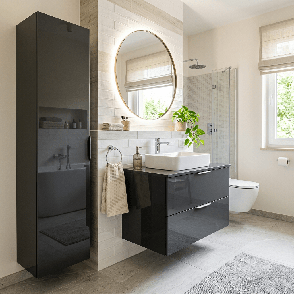 Modern bathroom with black floating vanity, round illuminated mirror, and window