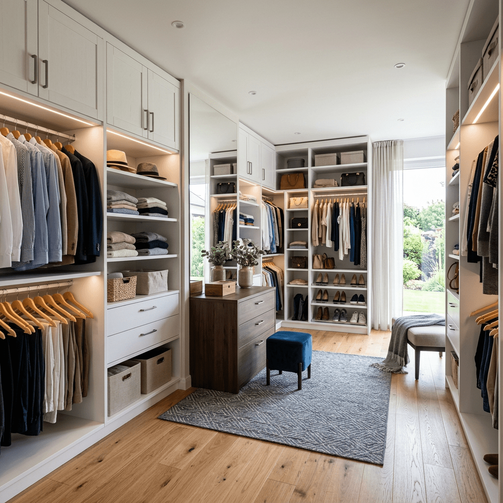 Walk-in closet with clothes, shoes, shelves, drawers, and large window
