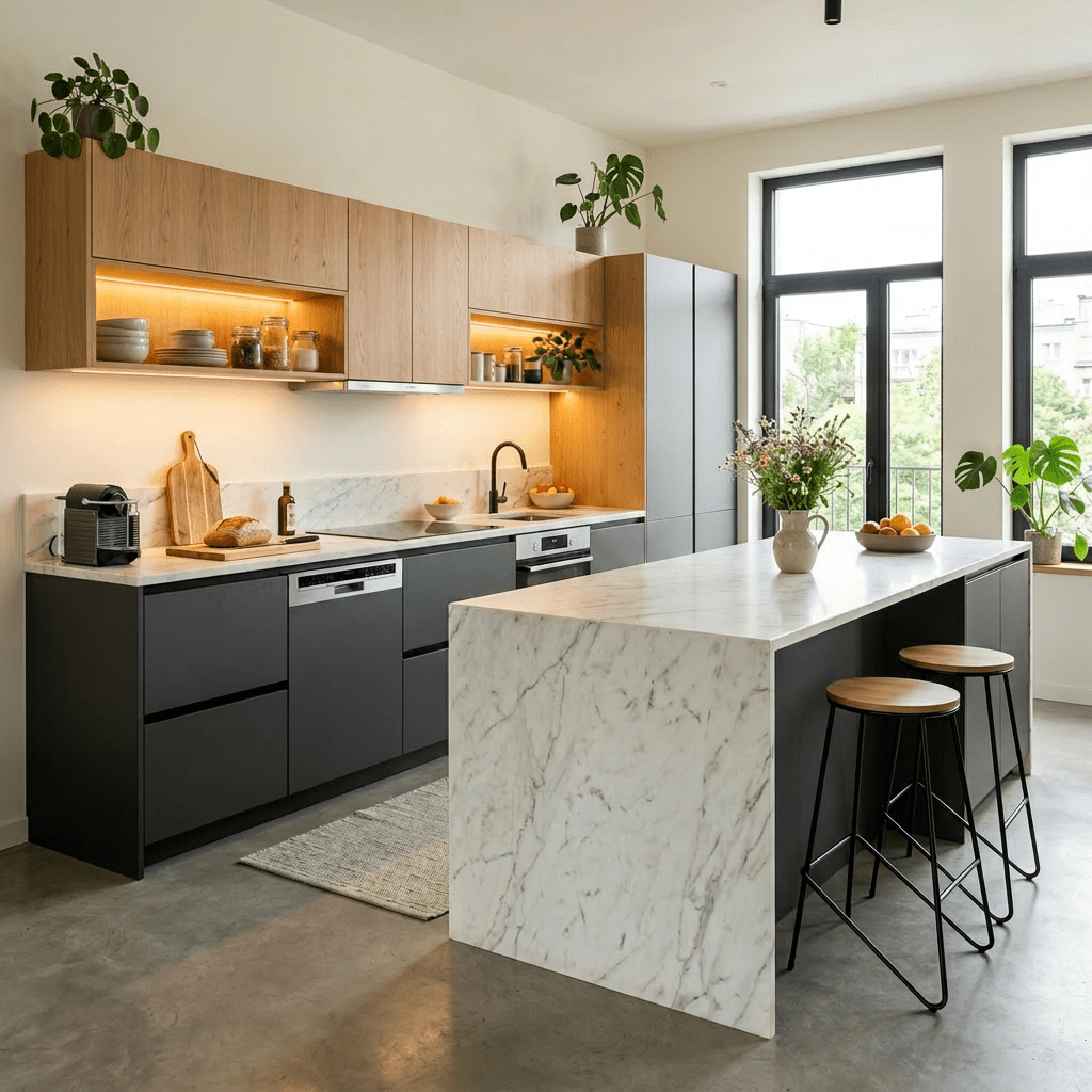 Modern kitchen with wooden upper cabinets, marble island, black lower cabinets, and a woman preparing food
