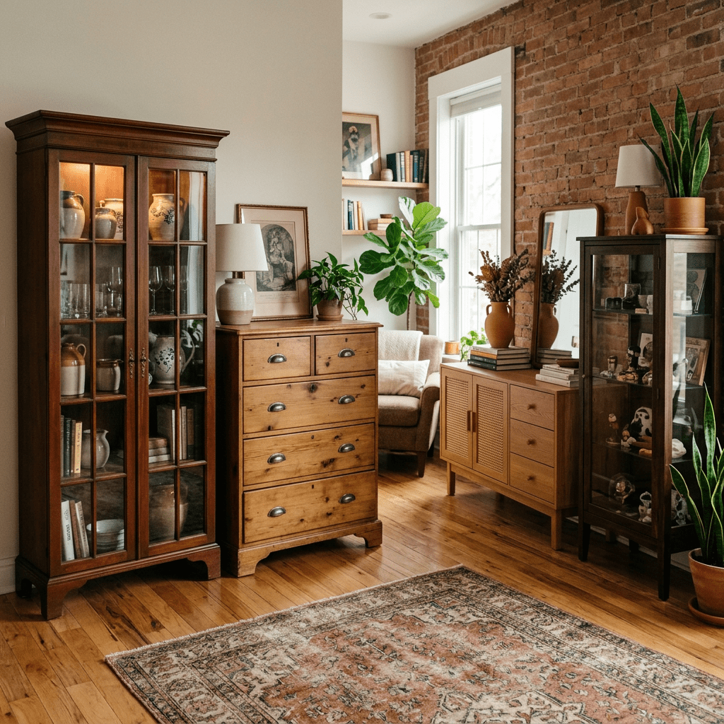 Living room with wooden cabinets, plants, armchair, brick wall, and patterned rug