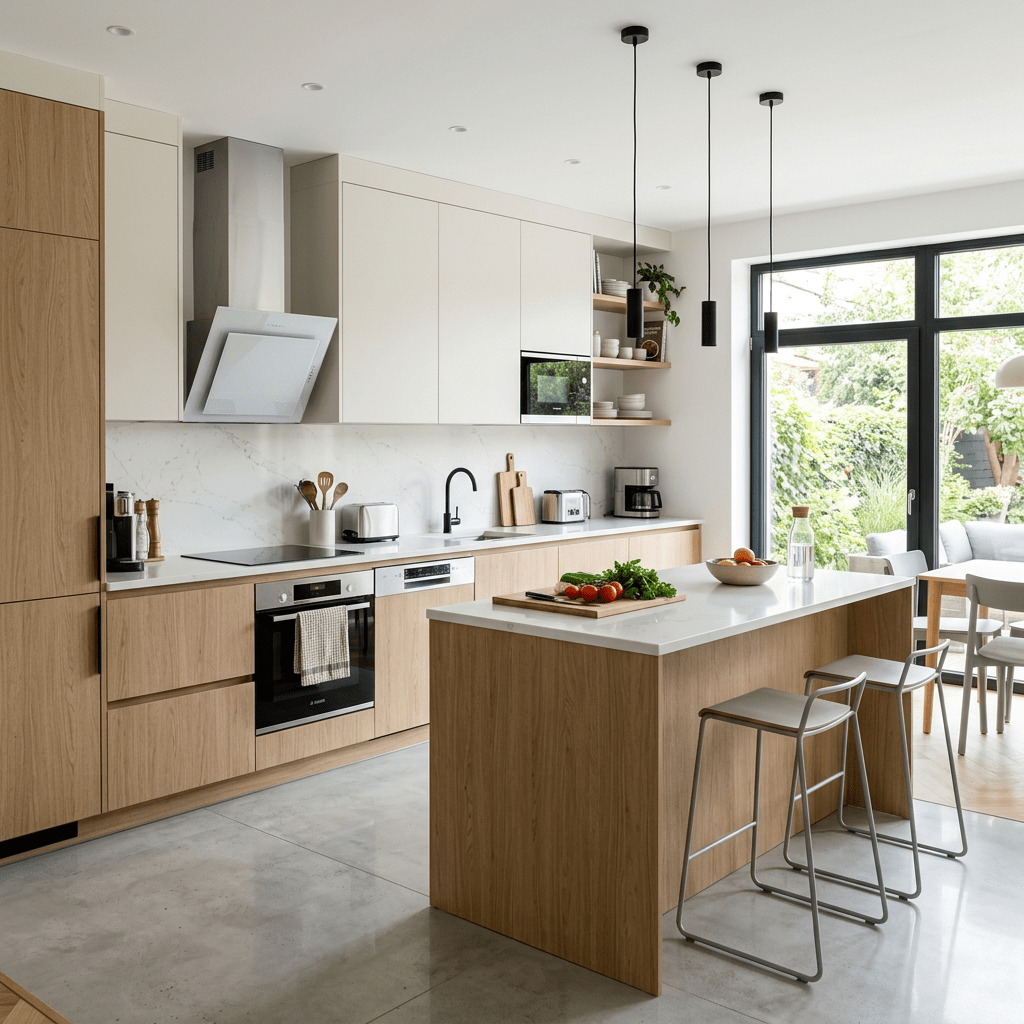 Modern kitchen with wooden lower cabinets, white upper cabinets, central island, and large window showing garden outside