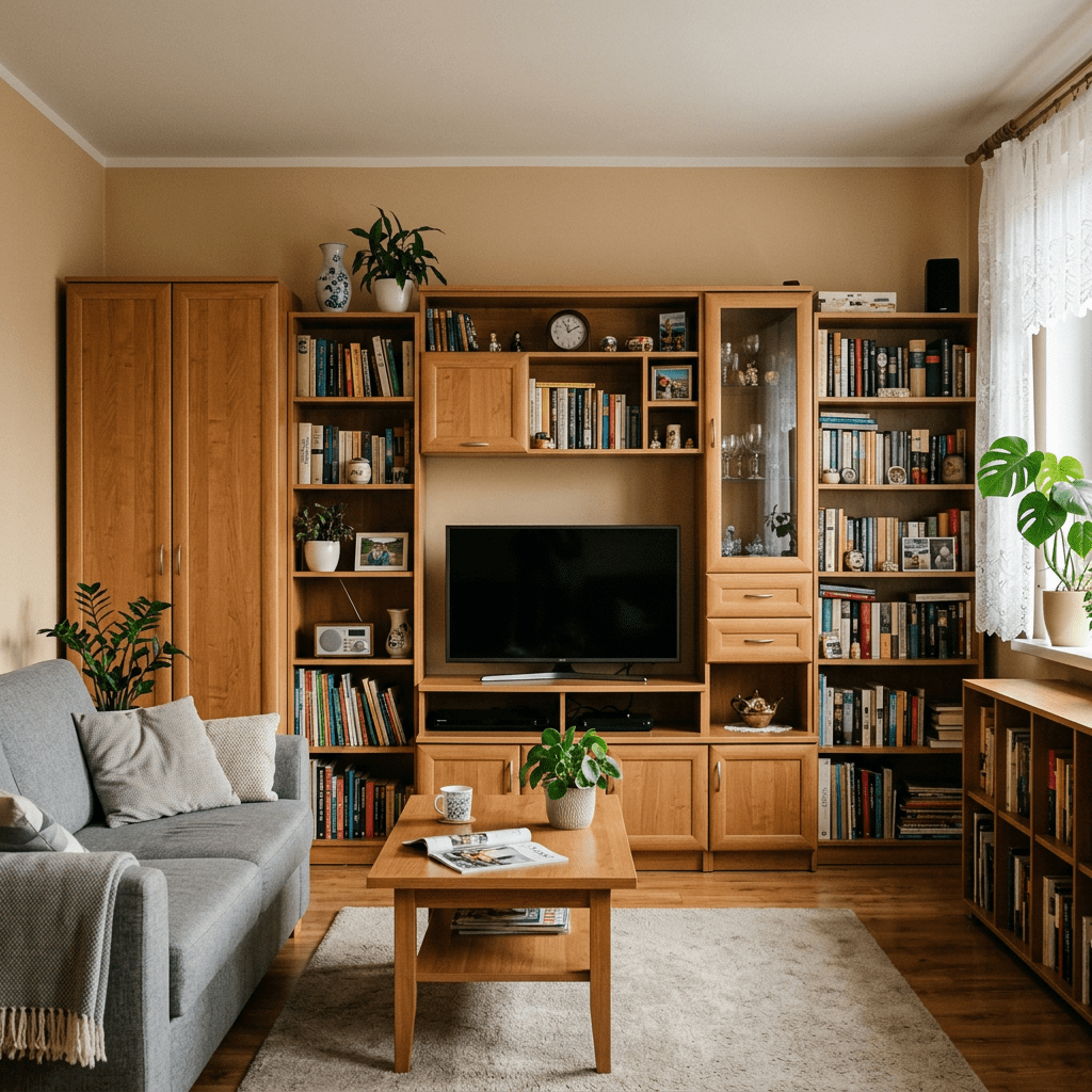 Living room with wooden bookshelves, a TV, a gray sofa, indoor plants, and a wooden coffee table with a magazine and mug