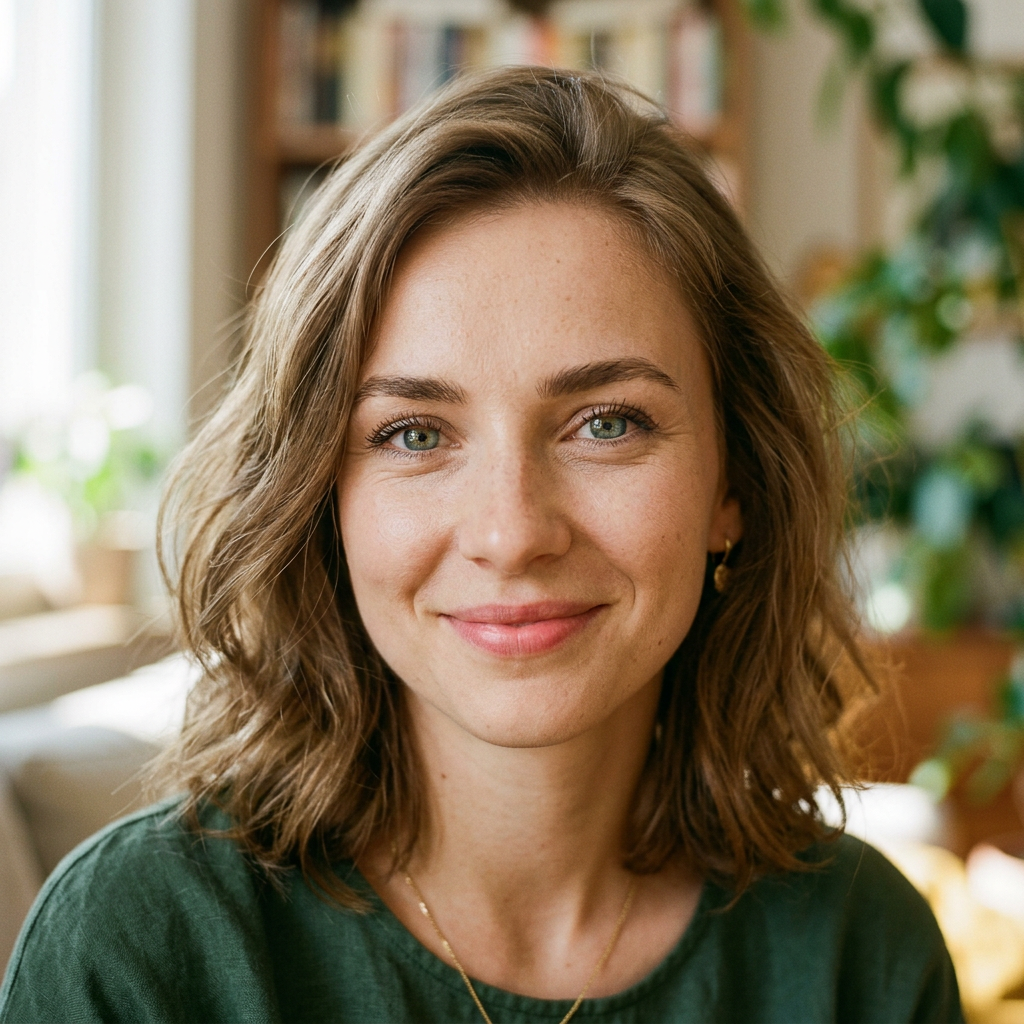 Smiling woman with wavy light brown hair in green shirt indoors