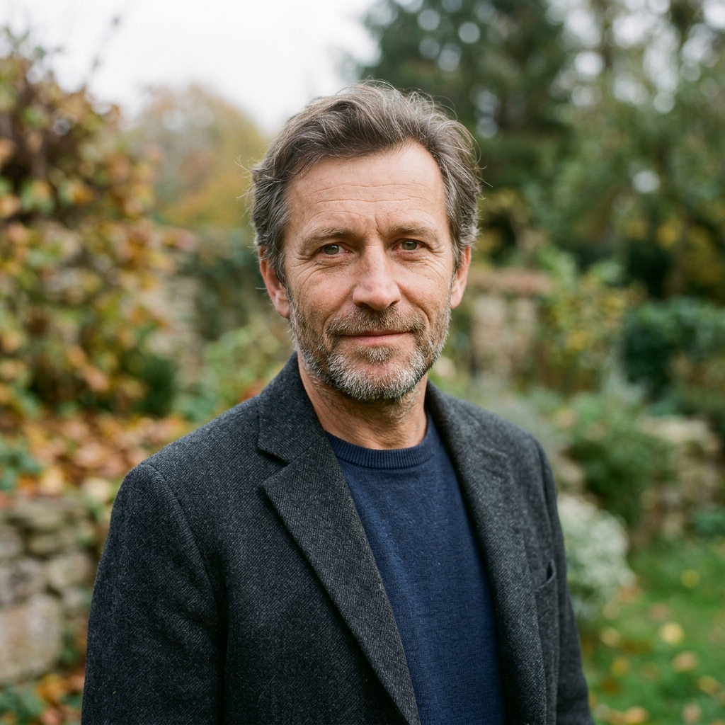 Middle-aged man with beard wearing dark jacket outdoors in autumn setting