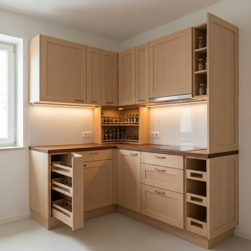 meble drewniane A compact, custom-built wooden kitchen designed for a small apartment, with upper and lower cabinets in light birch and a contrasting dark walnut countertop. Clever corner cabinets, a narrow pull-out pantry, and a built-in open niche for spices demonstrate optimized storage. The background wall is finished in smooth, matte white, making the wood tones stand out. Under-cabinet lighting creates a continuous warm strip that highlights the countertop and backsplash, while soft daylight from a small window adds gentle, natural illumination. Captured from a slightly elevated, three-quarter view with sharp focus throughout, the mood is practical and efficient yet aesthetically refined, emphasizing space-saving, bespoke wooden furniture in a realistic, professional photographic style.